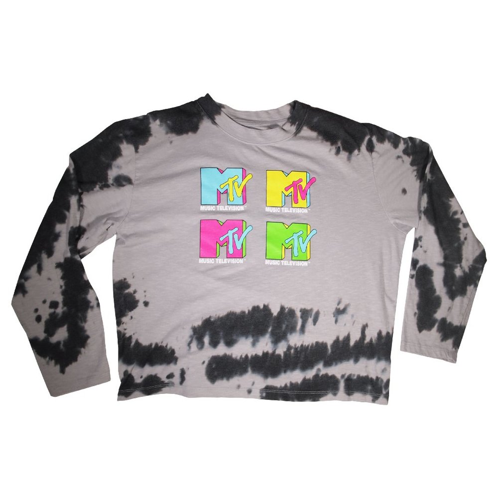 MTV Long Sleeve T-shirt, Gray/Black Tie Die, Neon MTV Logo, Unisex Size XXL